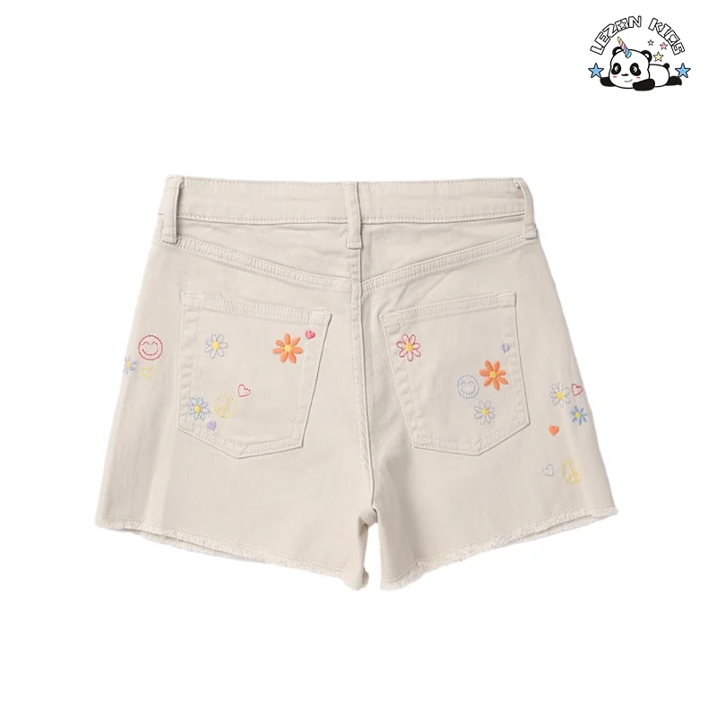 LEZONKIDS - Hot Sale White Denim Shorts Flower Embroidery Smile Face Girls Jeans Shorts
